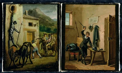 Don Quijote hænger fra vinduet og forbereder sin rustning, to scener fra romanen af Cervantes